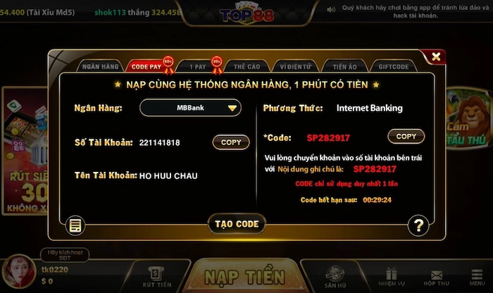 Nạp Tiền CODE PAY